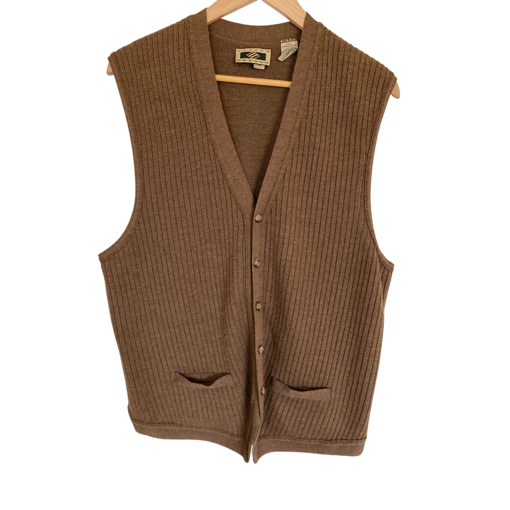 Joseph Abboud Brown 100% Merino Wool Ribbed Cardigan Vest Made in Italy XL